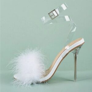 Plush ankle strap stiletto heeled sandals